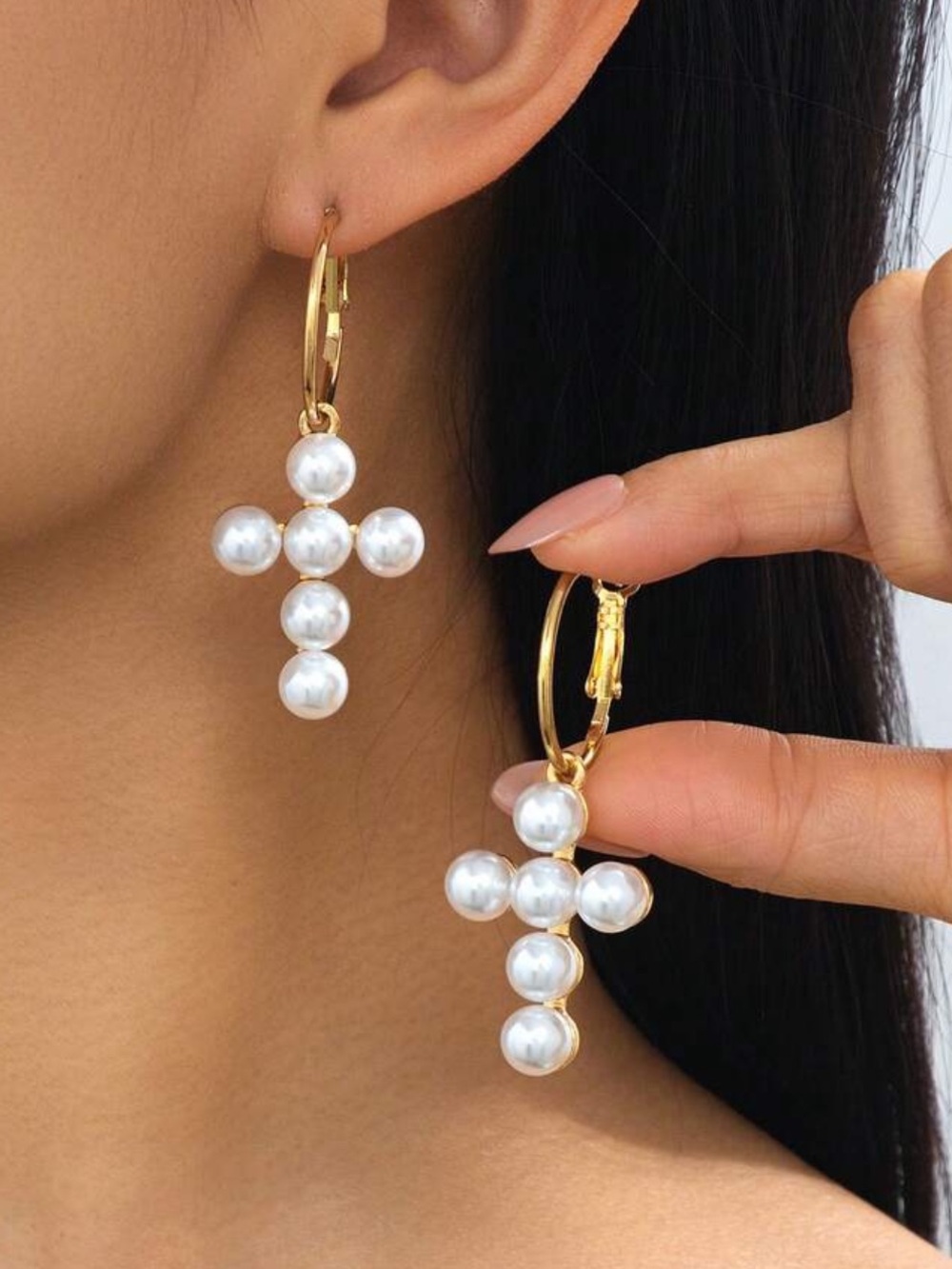 Classic Vintage‎ Romantic Faux Pearl Inlaid Cross Pendant Earrings